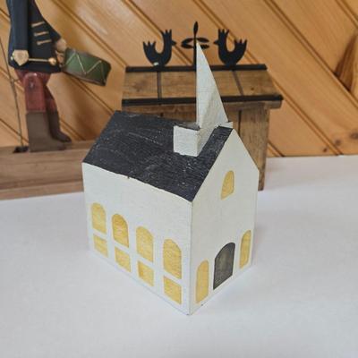LOT 147F: Musical Wooden Old Mill, Recipe Box, Wooden Block Church, and Folk Art Automata Drummer