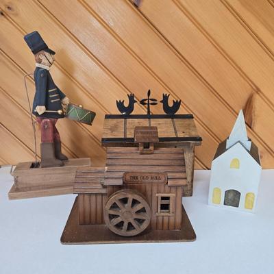 LOT 147F: Musical Wooden Old Mill, Recipe Box, Wooden Block Church, and Folk Art Automata Drummer