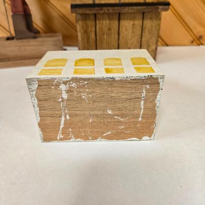 LOT 147F: Musical Wooden Old Mill, Recipe Box, Wooden Block Church, and Folk Art Automata Drummer