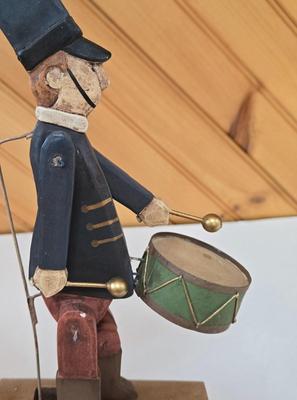 LOT 147F: Musical Wooden Old Mill, Recipe Box, Wooden Block Church, and Folk Art Automata Drummer