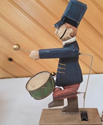 LOT 147F: Musical Wooden Old Mill, Recipe Box, Wooden Block Church, and Folk Art Automata Drummer