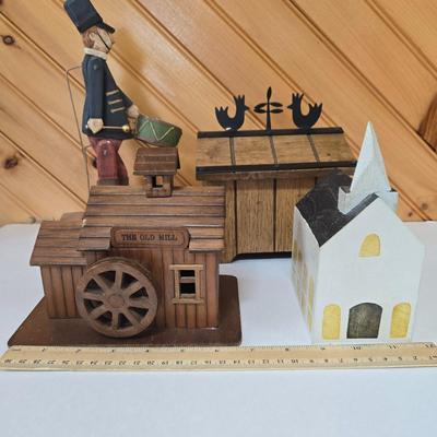 LOT 147F: Musical Wooden Old Mill, Recipe Box, Wooden Block Church, and Folk Art Automata Drummer