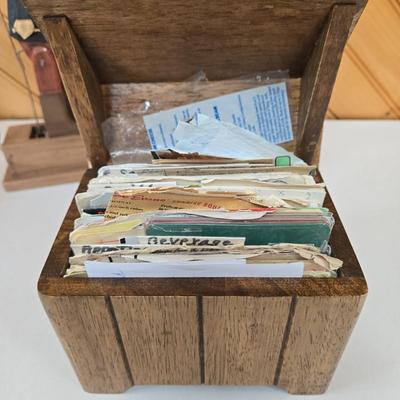 LOT 147F: Musical Wooden Old Mill, Recipe Box, Wooden Block Church, and Folk Art Automata Drummer