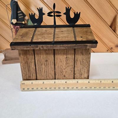 LOT 147F: Musical Wooden Old Mill, Recipe Box, Wooden Block Church, and Folk Art Automata Drummer