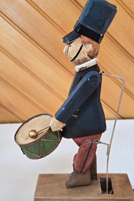 LOT 147F: Musical Wooden Old Mill, Recipe Box, Wooden Block Church, and Folk Art Automata Drummer