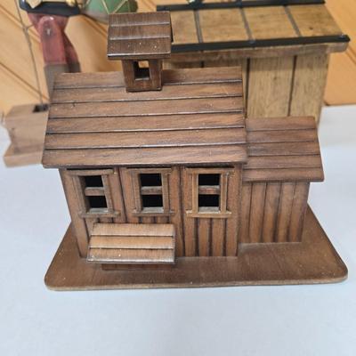 LOT 147F: Musical Wooden Old Mill, Recipe Box, Wooden Block Church, and Folk Art Automata Drummer
