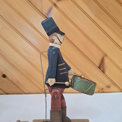 LOT 147F: Musical Wooden Old Mill, Recipe Box, Wooden Block Church, and Folk Art Automata Drummer