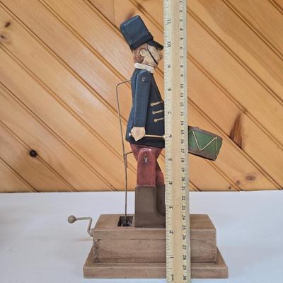 LOT 147F: Musical Wooden Old Mill, Recipe Box, Wooden Block Church, and Folk Art Automata Drummer