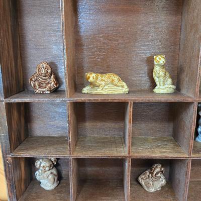 LOT 150F: Wooden Display Shelf with Multiple Red Rose Wade Figurines