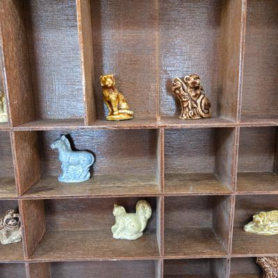 LOT 150F: Wooden Display Shelf with Multiple Red Rose Wade Figurines