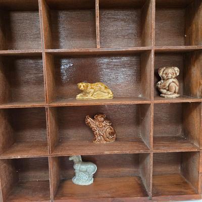 LOT 150F: Wooden Display Shelf with Multiple Red Rose Wade Figurines