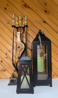 LOT 153F: Fireplace Tool Set and Two Lanterns