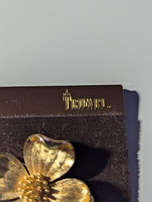 Vintage Signed Trifari Yellow Gold Tone Blooming Flower Brooch 1950's #7