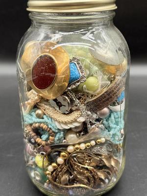 Pint Jar of Craft Jewelry Beads - Pretty Pearls and Turquoise Seed Beads