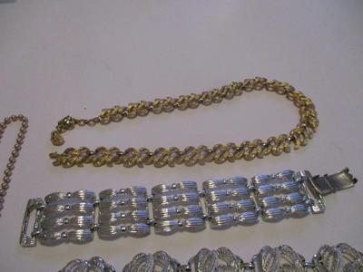 Antique Bracelets & Necklaces (1) Monet Gold Tone Signed & (1) Signed Coro Pegasus Blue Confetti Bracelet #43