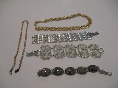 Antique Bracelets & Necklaces (1) Monet Gold Tone Signed & (1) Signed Coro Pegasus Blue Confetti Bracelet #43