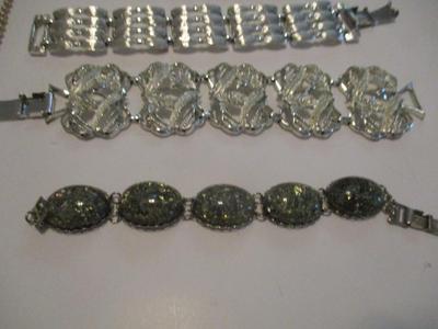 Antique Bracelets & Necklaces (1) Monet Gold Tone Signed & (1) Signed Coro Pegasus Blue Confetti Bracelet #43