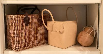 474 Lot of Woven Tote Bags & Leather Gourd Container