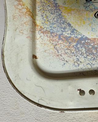 Sale Photo Thumbnail #303: Colorful design has hanging Chinese Lanterns. Some surface rust on the folding legs and a few spots where paint on the tray has chipped away, see photos. Approx. 7" high with legs extended.