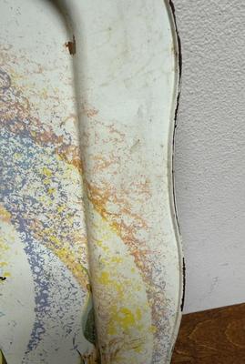 Sale Photo Thumbnail #304: Colorful design has hanging Chinese Lanterns. Some surface rust on the folding legs and a few spots where paint on the tray has chipped away, see photos. Approx. 7" high with legs extended.