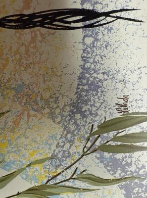 Sale Photo Thumbnail #310: Colorful design has hanging Chinese Lanterns. Some surface rust on the folding legs and a few spots where paint on the tray has chipped away, see photos. Approx. 7" high with legs extended.