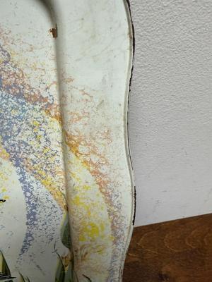 Sale Photo Thumbnail #305: Colorful design has hanging Chinese Lanterns. Some surface rust on the folding legs and a few spots where paint on the tray has chipped away, see photos. Approx. 7" high with legs extended.