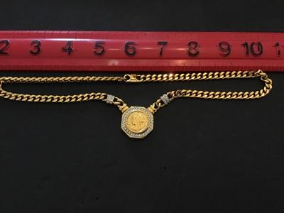 Chartage Gold Tone Rhinestone French Coin Necklace Vintage
