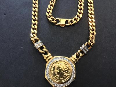 Chartage Gold Tone Rhinestone French Coin Necklace Vintage