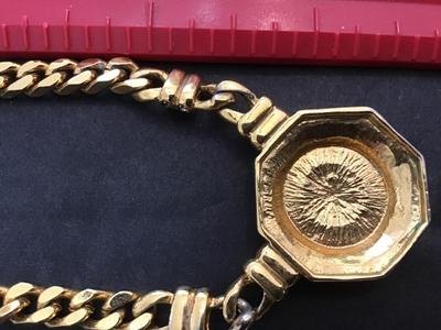 Chartage Gold Tone Rhinestone French Coin Necklace Vintage