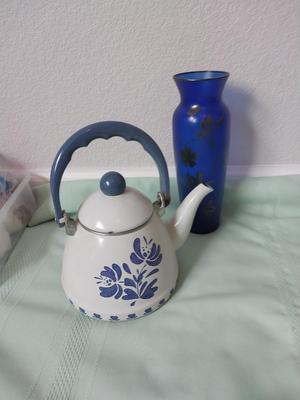 HAND PAINTED TEAPOT-CLAY CREAMER-ETCHED BLUE VASE AND DECROTIVE BASKET