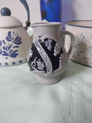 HAND PAINTED TEAPOT-CLAY CREAMER-ETCHED BLUE VASE AND DECROTIVE BASKET