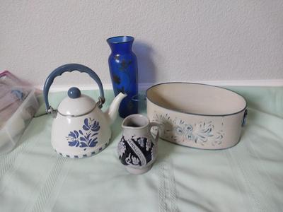 HAND PAINTED TEAPOT-CLAY CREAMER-ETCHED BLUE VASE AND DECROTIVE BASKET