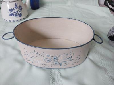 HAND PAINTED TEAPOT-CLAY CREAMER-ETCHED BLUE VASE AND DECROTIVE BASKET