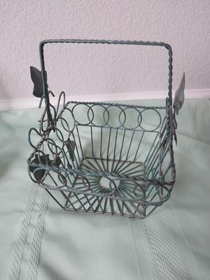 METAL WIRE BASKET-GREEN GLASS BUD VASE AND CERAMIC TRINKET HOLDER