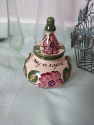 METAL WIRE BASKET-GREEN GLASS BUD VASE AND CERAMIC TRINKET HOLDER