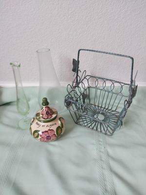 METAL WIRE BASKET-GREEN GLASS BUD VASE AND CERAMIC TRINKET HOLDER