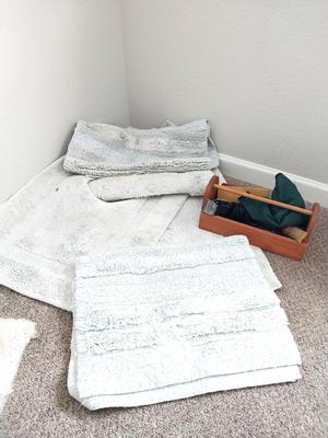 BATHROOM THROWRUGS AND WAHL HAIR SHEERS IN WOODEN CARRIER