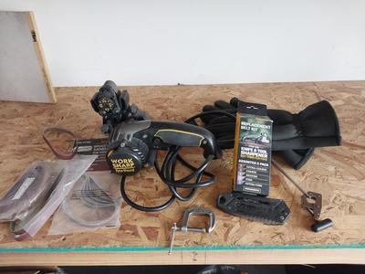 WORKSHOP BELT SANDER-GLOVES-BOX CUTTER-EXTRA BELTS AND GLOVES