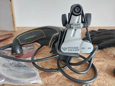 WORKSHOP BELT SANDER-GLOVES-BOX CUTTER-EXTRA BELTS AND GLOVES