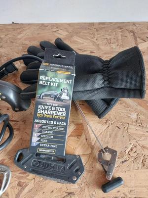 WORKSHOP BELT SANDER-GLOVES-BOX CUTTER-EXTRA BELTS AND GLOVES