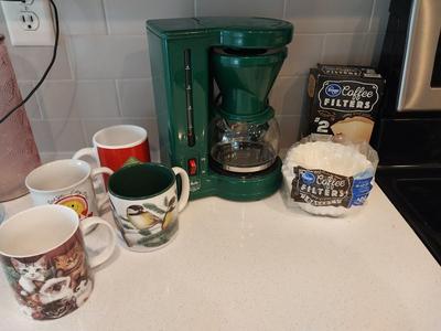 GEVALIA COFFEE MAKER AND COFFEE CUPS W/FILTERS
