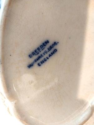 BLUE COLLECTABLE DISHES AND FOUR COFFEE MUGS