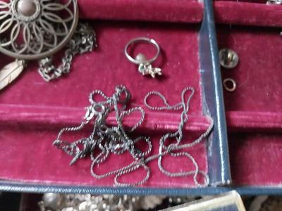 JEWELRY BOX WITH TWO STERLING CHAINS AND OTHER TRINKETS