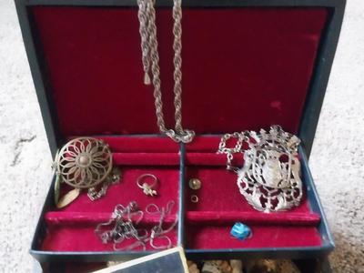 JEWELRY BOX WITH TWO STERLING CHAINS AND OTHER TRINKETS