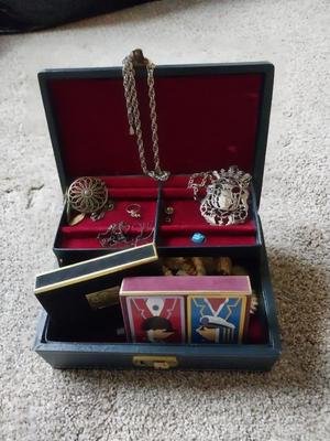 JEWELRY BOX WITH TWO STERLING CHAINS AND OTHER TRINKETS
