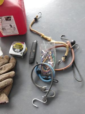 GAS CAN-BUNGEE CORDS-MEASURE TAPE-MORE