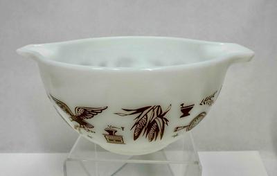 Sale Photo Thumbnail #30: White pyrex mixing bowl with brown Early American images.  Great condition.