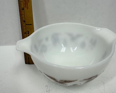 Sale Photo Thumbnail #26: White pyrex mixing bowl with brown Early American images.  Great condition.