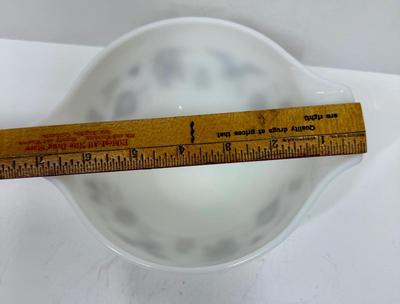 Sale Photo Thumbnail #25: White pyrex mixing bowl with brown Early American images.  Great condition.