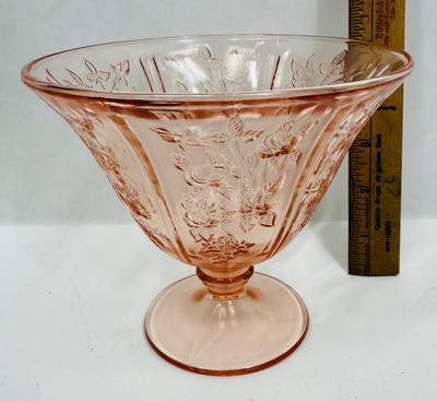 Sale Photo Thumbnail #8: Vintage Sharon pattern pink glass candy dish, about 5" tall overall (bowl about 5 7/8" in diameter). Not sure if this is a 1930s original or one of the 80s - 90s reproductions, but it's certainly vintage in any case! Condition is very good, no chips or da